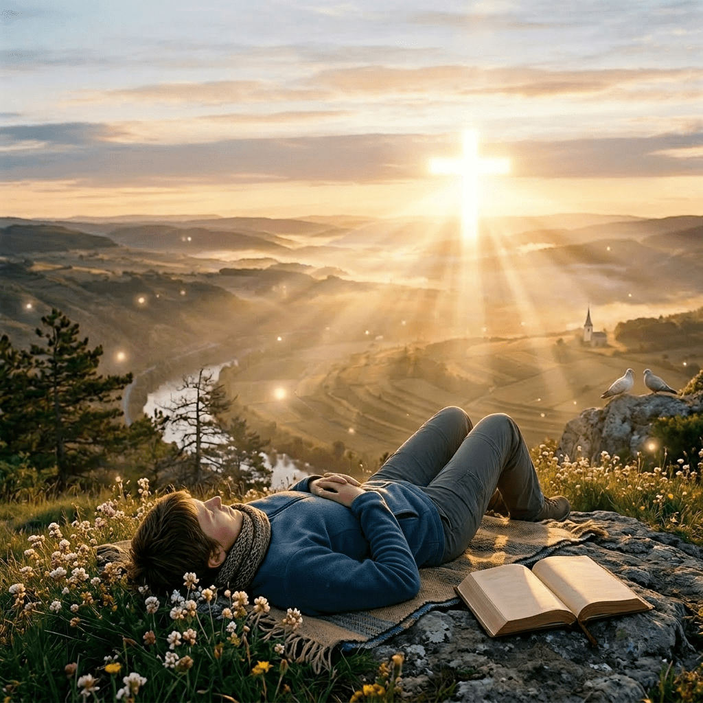 Person sitting cross-legged on a blanket meditating facing a sunrise and a river winding through a foggy valley